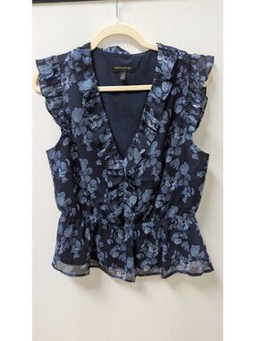 Banana Republic Navy Blue Floral Ruffled Blouse